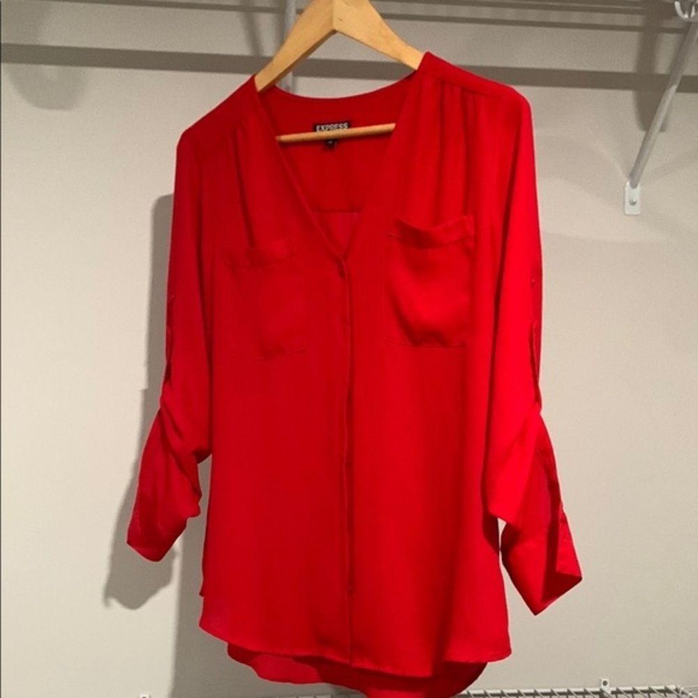 Express Relaxed Red V-Neck Blouse with 3/4 Sleeves